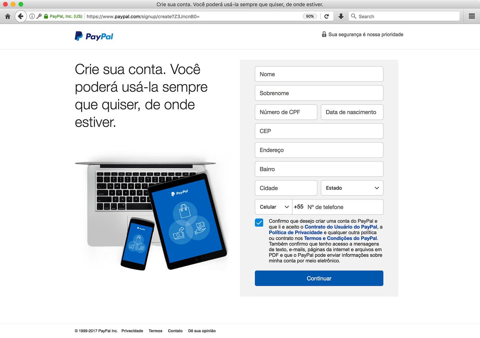 Tela de criação de conta no PayPal